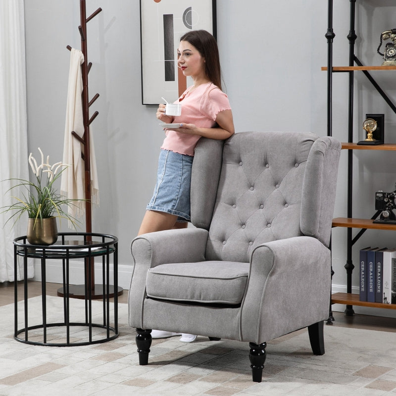 Grey Wingback Armchair with Button Tufted Design