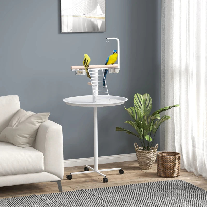 White Bird Stand with Wheels, Perches, Stainless Steel Bowls, Tray - Garden, Indoor, Outdoor