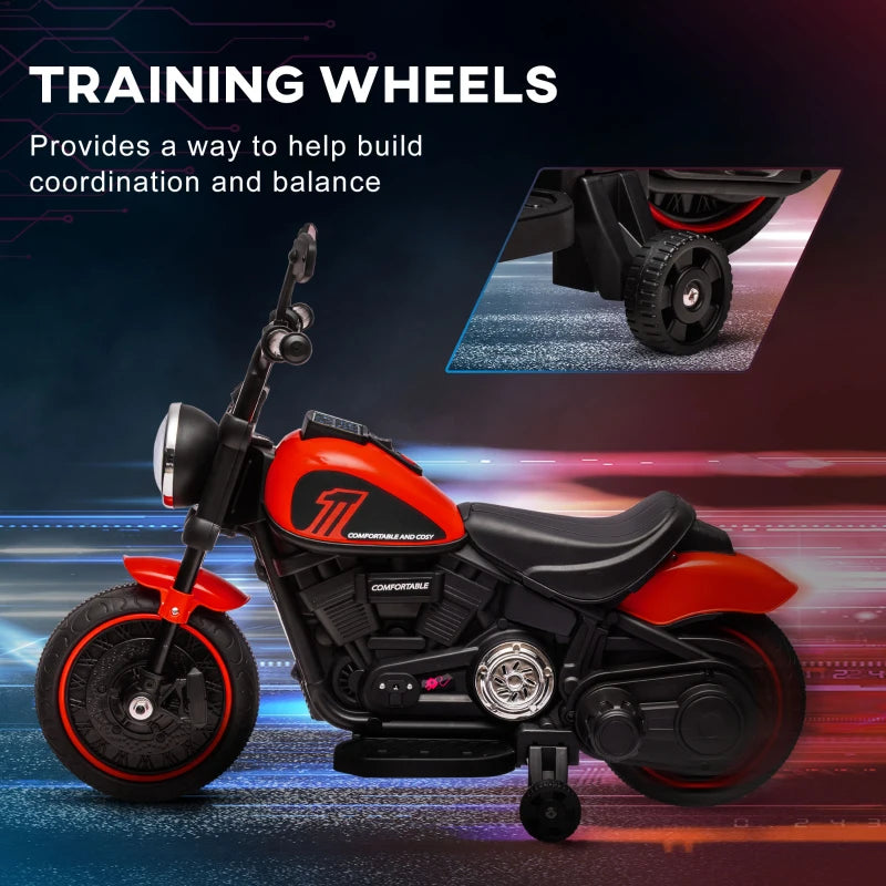 Red 6V Electric Motorbike with Training Wheels, One-Button Start