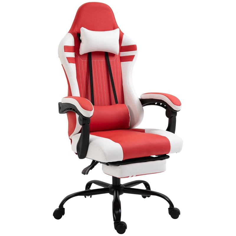 Red White Gaming Chair with Headrest, Footrest, Wheels - Adjustable Height