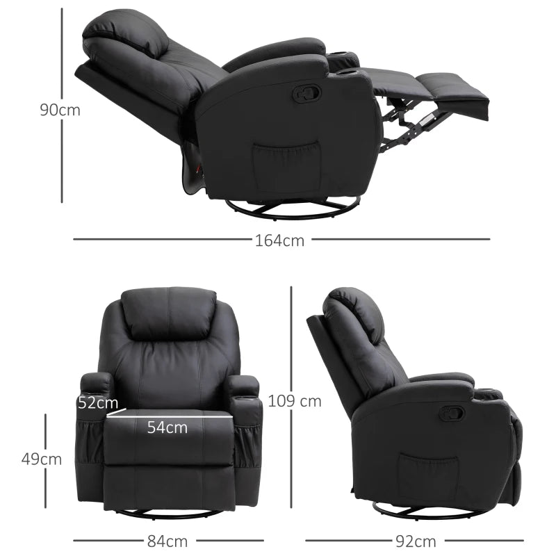 Black Swivel Recliner Armchair with Massage and Drink Holders