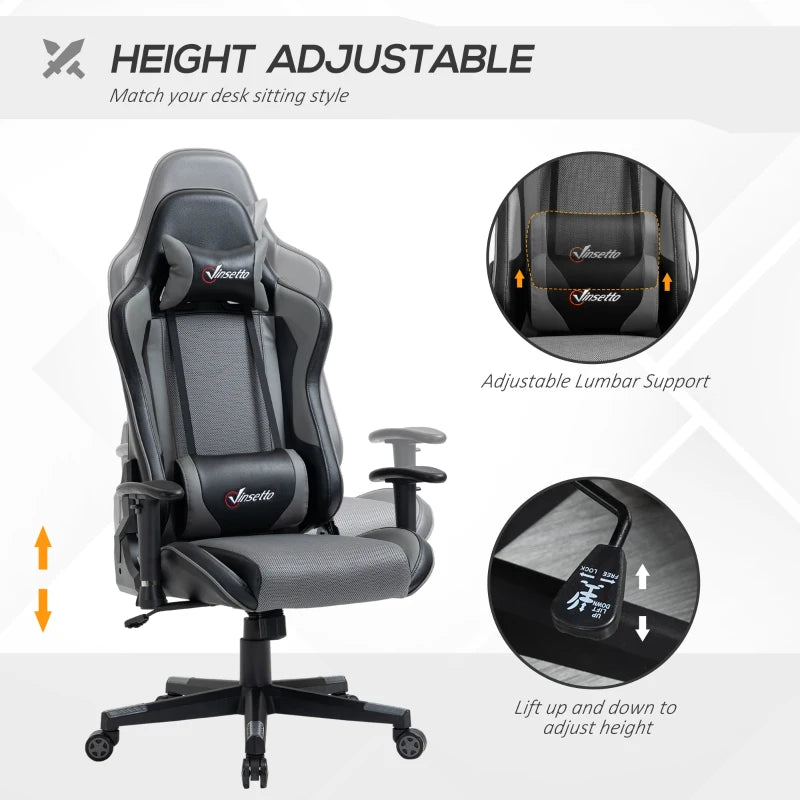 Grey Racing Gaming Chair with Headrest and Lumbar Support