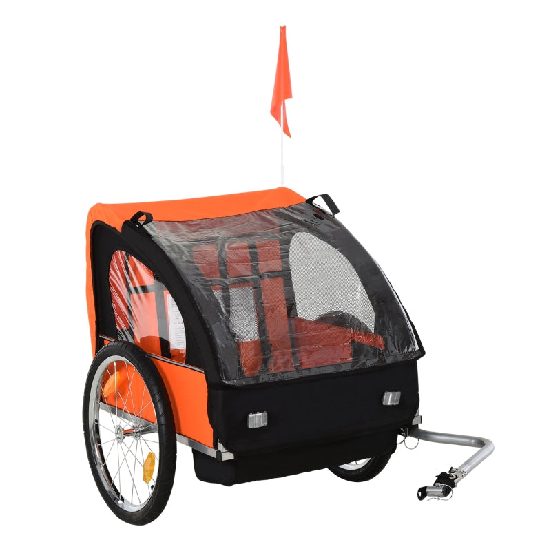 Orange Black 2-Seat Child Bike Trailer with Safety Harness