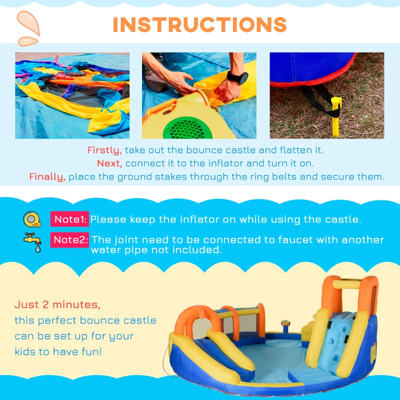 6-in-1 Kids Inflatable Bouncy Castle with Slide, Pool, Water Gun, Climbing Wall - Blue