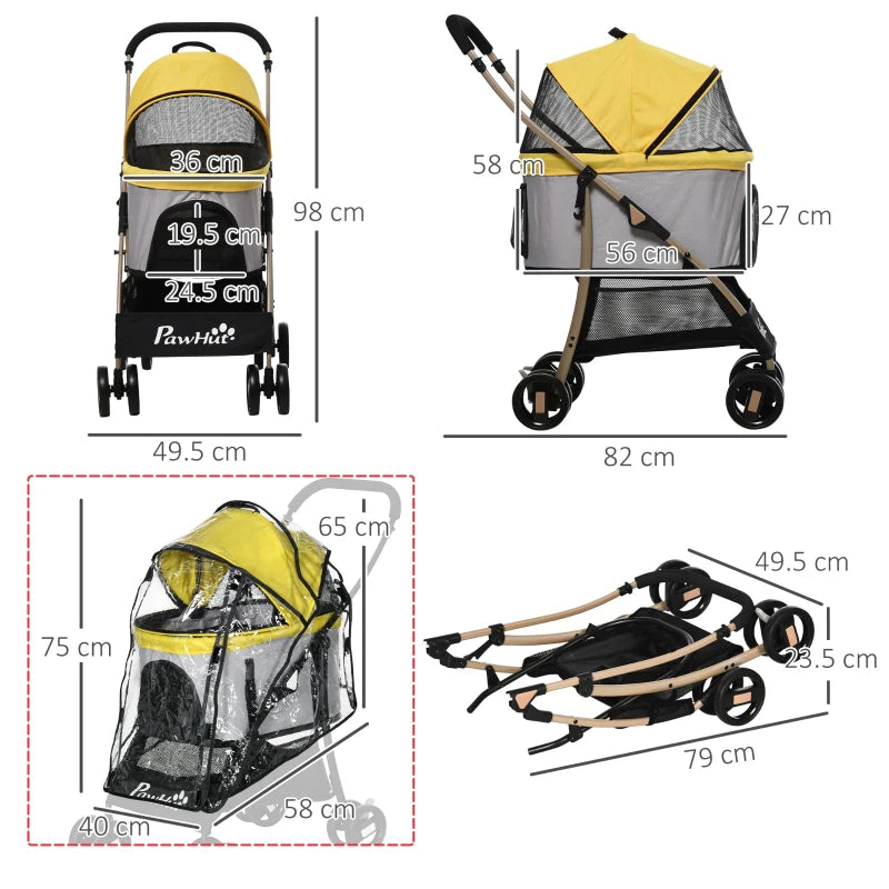 Yellow Pet Stroller with Rain Cover for Small Dogs