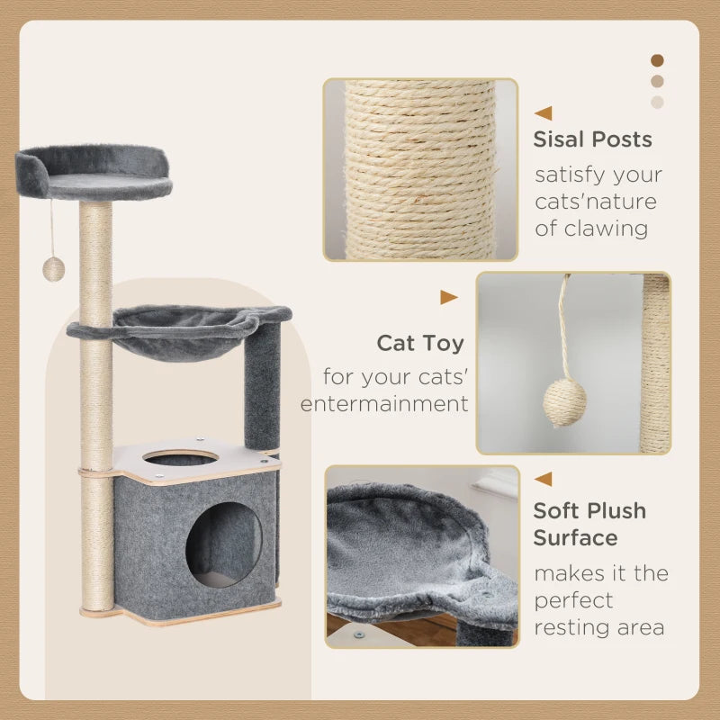 Grey Cat Climbing Tower with Scratching Post & Hammock