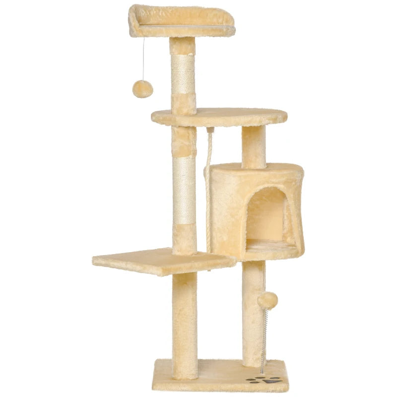 Beige Cat Tree Condo with Toys - 4-tier 114cm Tall