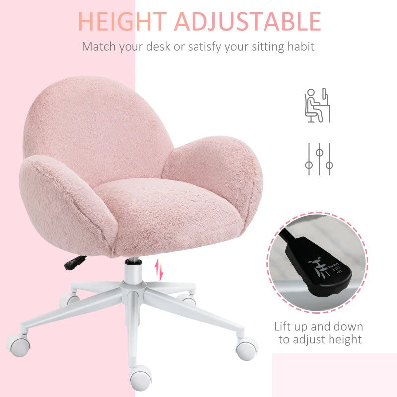 Blush Pink Fluffy Rolling Desk Chair for Home Office or Bedroom