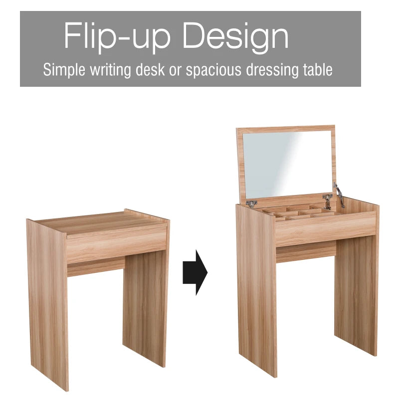 Wood Grain Dressing Table Set with Padded Stool and Flip-up Mirror