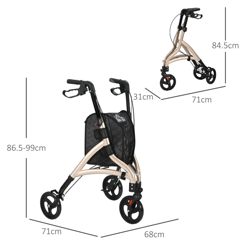 Gold Lightweight Tri Walker with Storage Bag and Dual Brakes