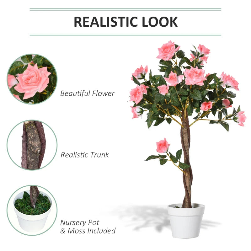 Artificial Pink Rose Floral Plant in Pot, Indoor Outdoor Home Decor, 90cm