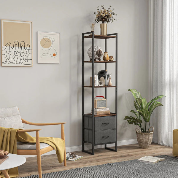 Black Four-Tier Industrial Display Shelf with Drawers