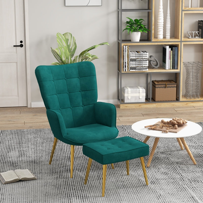 Dark Green Velvet Armchair with Ottoman and Steel Legs