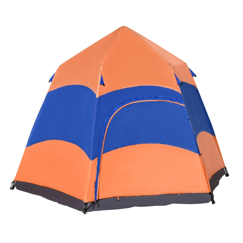 Hexagon Double Layer Dome Tent, 4-Person Pop Up Camping Shelter, Orange/Blue