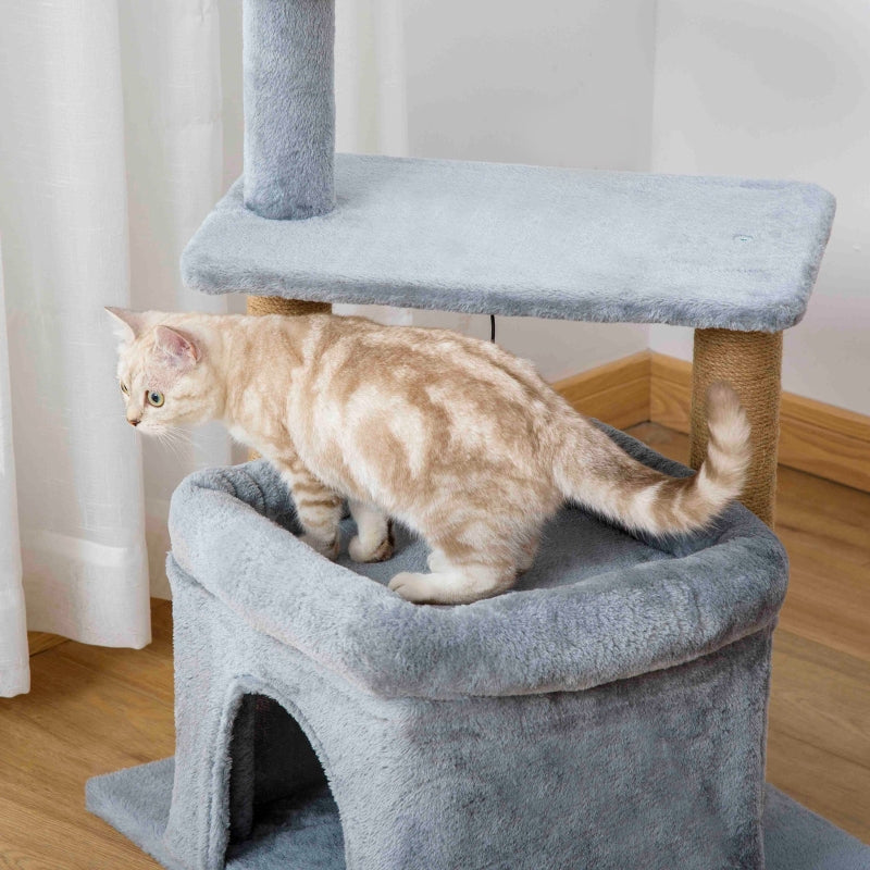 Grey Cat Tree Tower with Scratching Post and Interactive Toy - 48 x 48 x 84cm