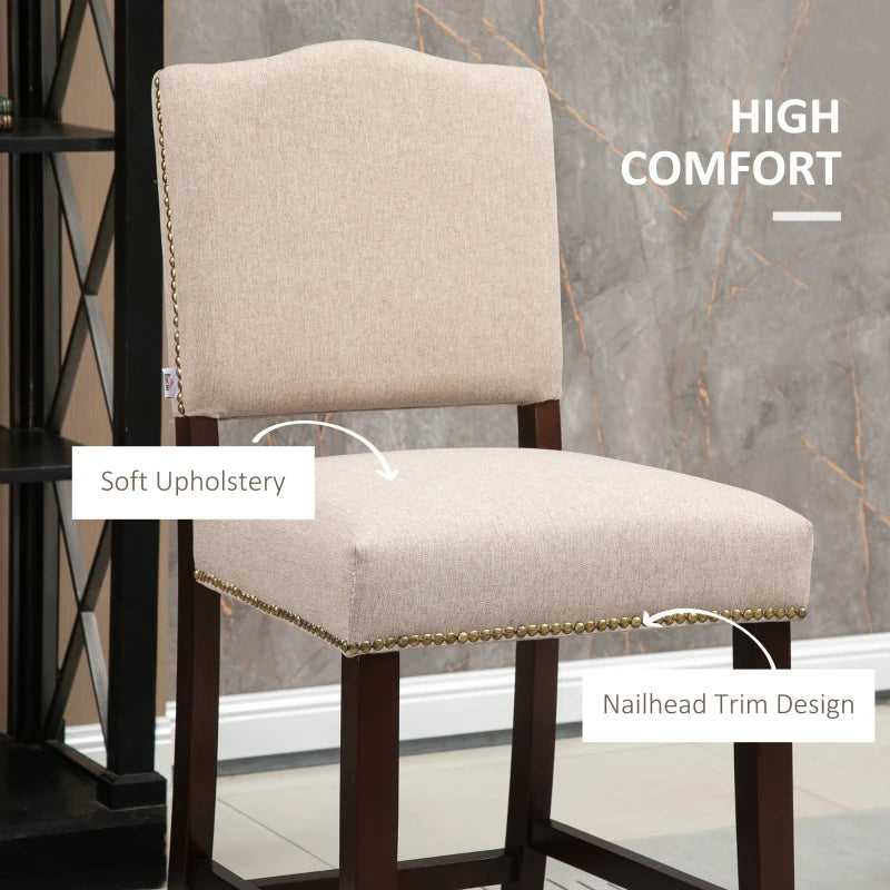 Beige Fabric Bar Stools Set of 2 with Backrest and Nailhead Trim