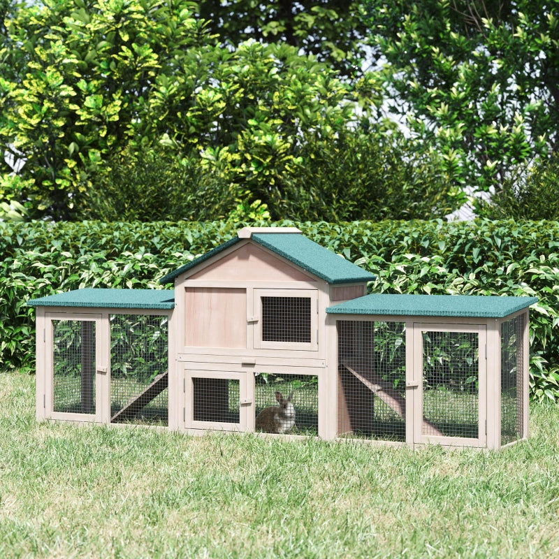 Wooden Outdoor Rabbit Hutch with Run, 2-Storey Bunny House - Grey, 210 x 45.5 x 84.5 cm