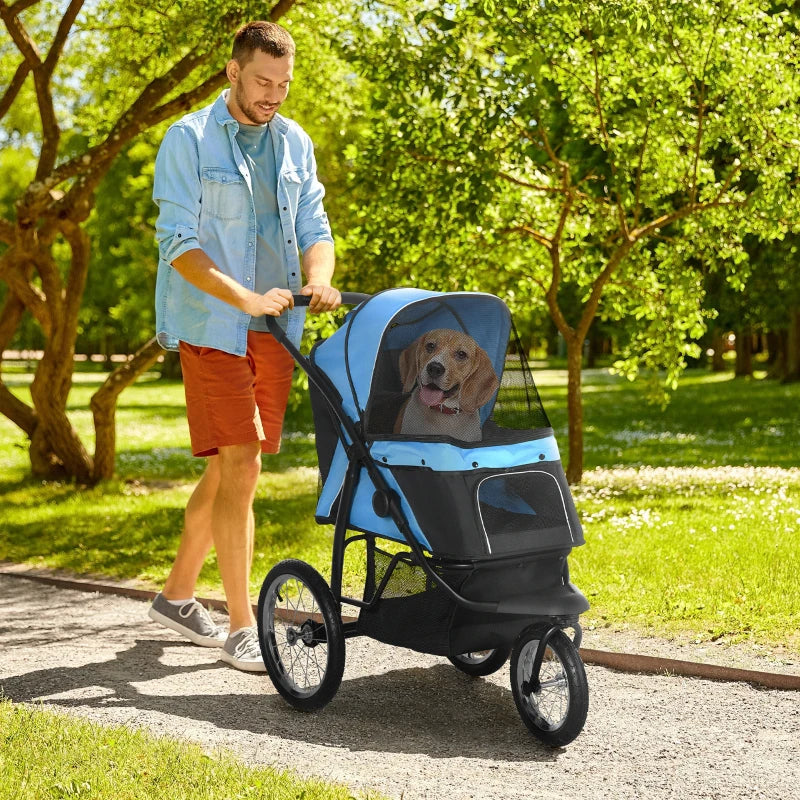 Blue Pet Stroller for Medium and Small Dogs - Foldable Jogger with Adjustable Canopy and Washable Cushion