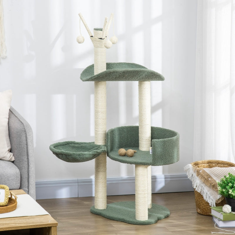 Green Cat Tree Tower with Scratching Post, Hammock & Toy