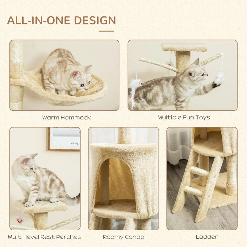 Beige Cat Climbing Tower with Scratching Post - 135cm