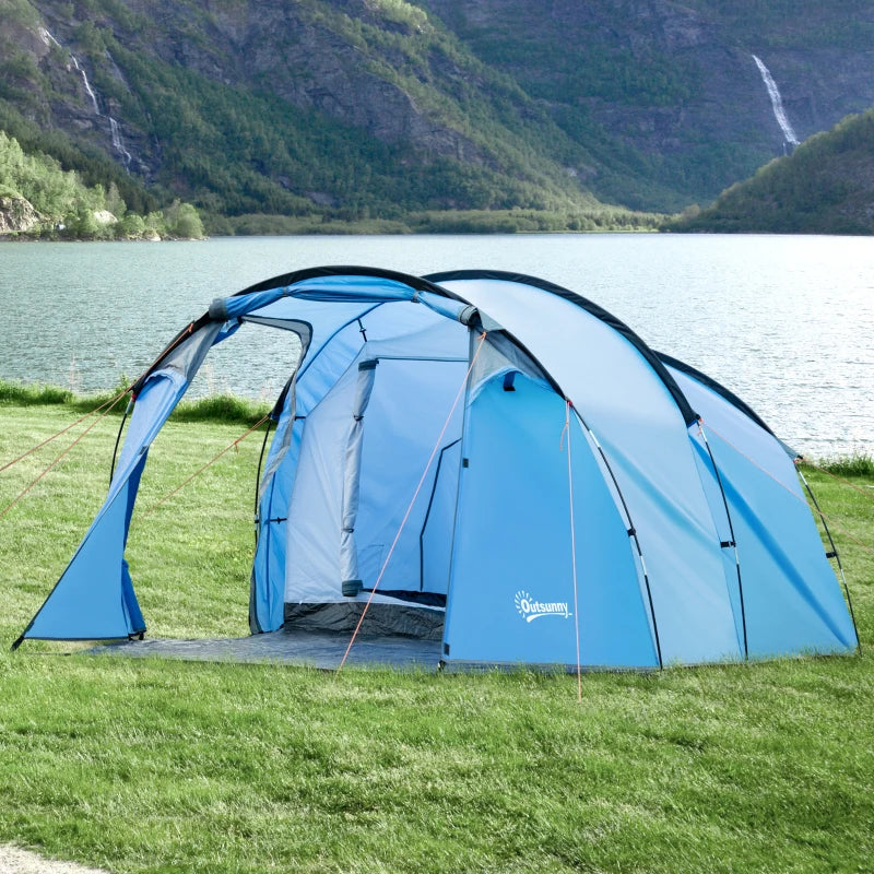 3-Person Blue Tunnel Camping Tent with Vestibule and Rainfly