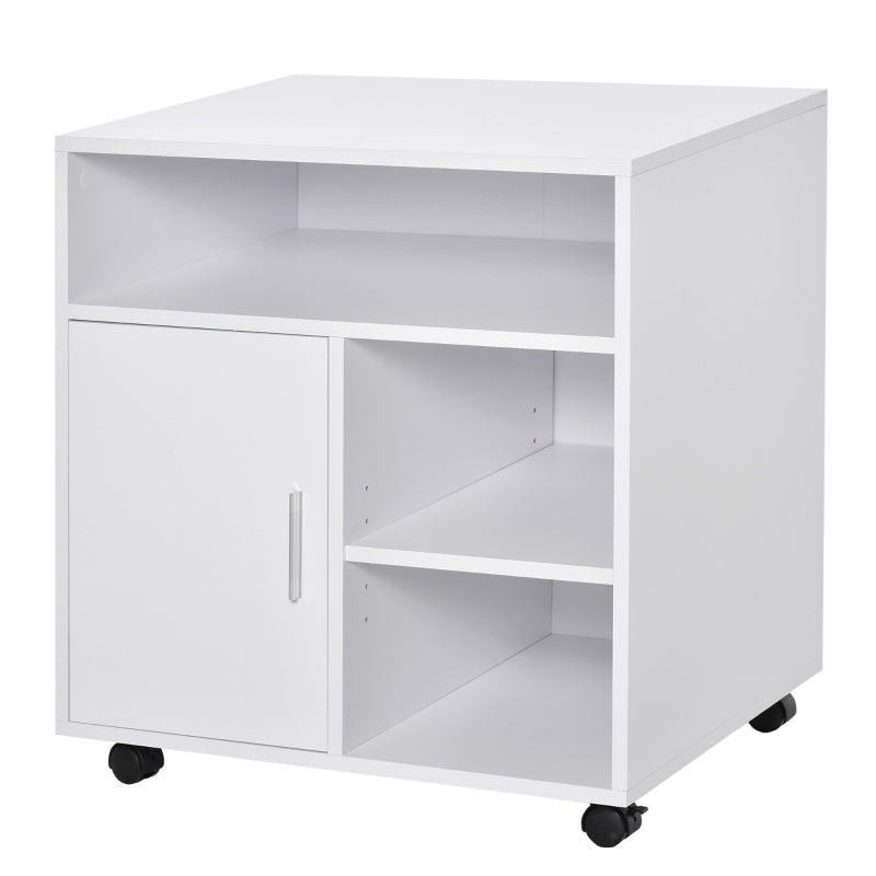 White Mobile Printer Stand with Storage and Wheels - Modern Office Desk Unit