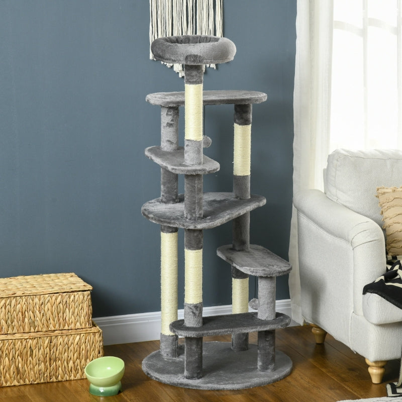 Grey Cat Tree Tower with Scratching Posts and Bed