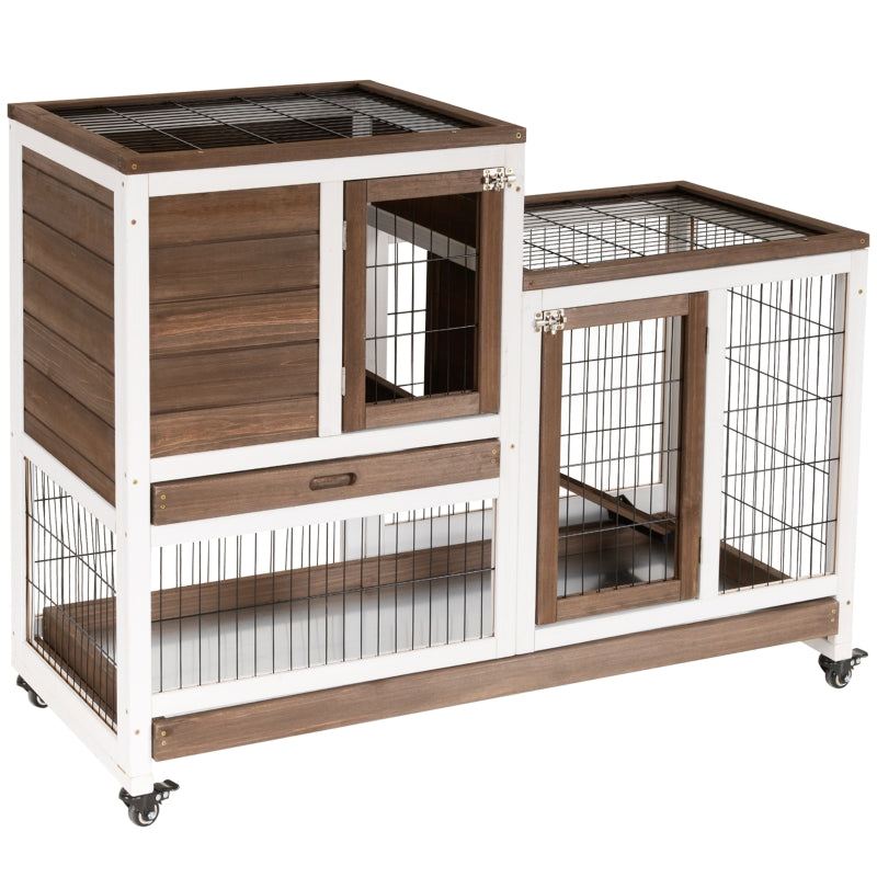 Brown Two-Tier Rabbit Hutch with Wheels