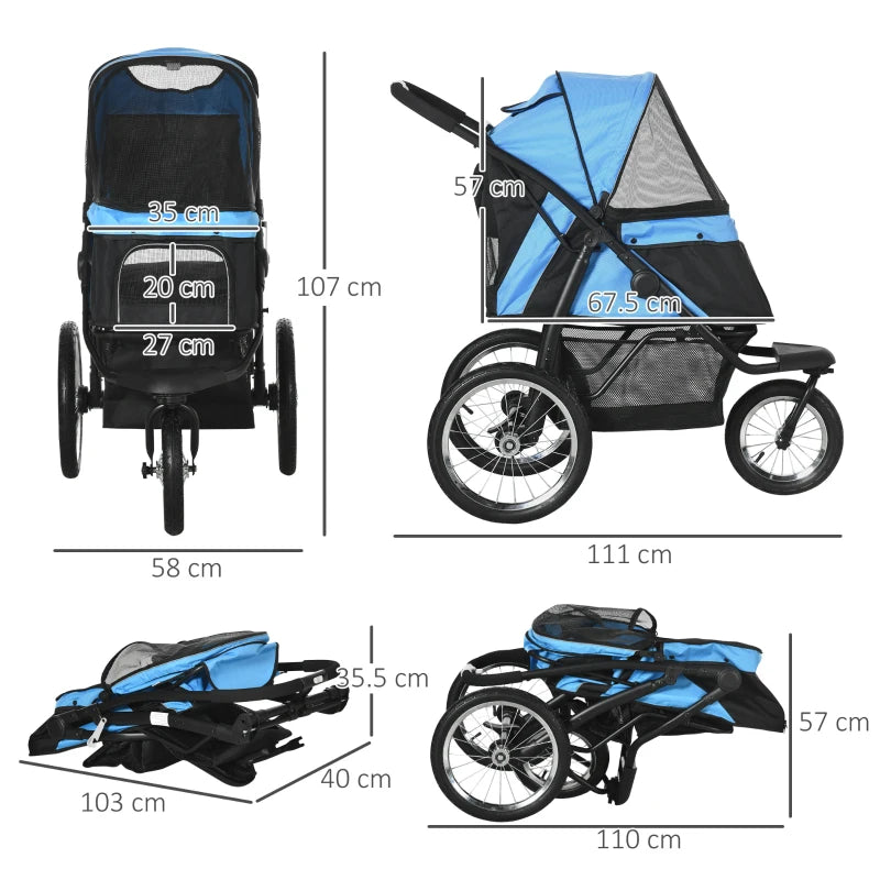 Blue Pet Stroller for Medium and Small Dogs - Foldable Jogger with Adjustable Canopy and Washable Cushion