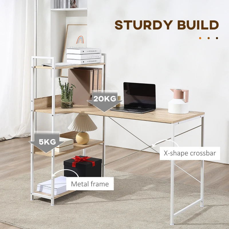 Oak Computer Desk with 4-Tier Storage Shelf and Bookshelf, Metal Frame - 120 x 70 x 120cm