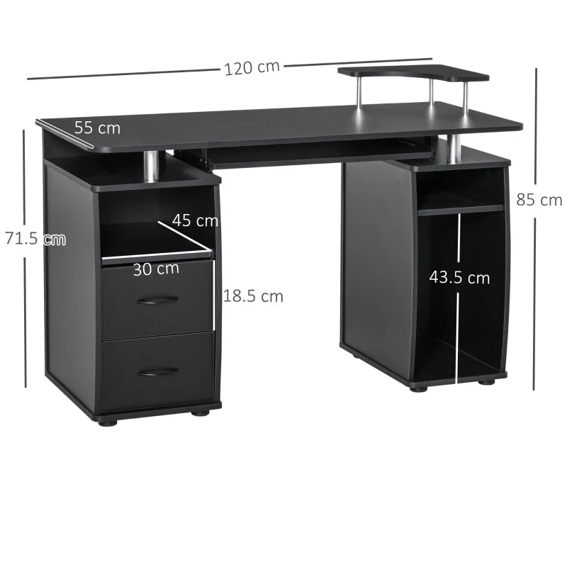 Black Computer Desk with Keyboard Tray and Drawers