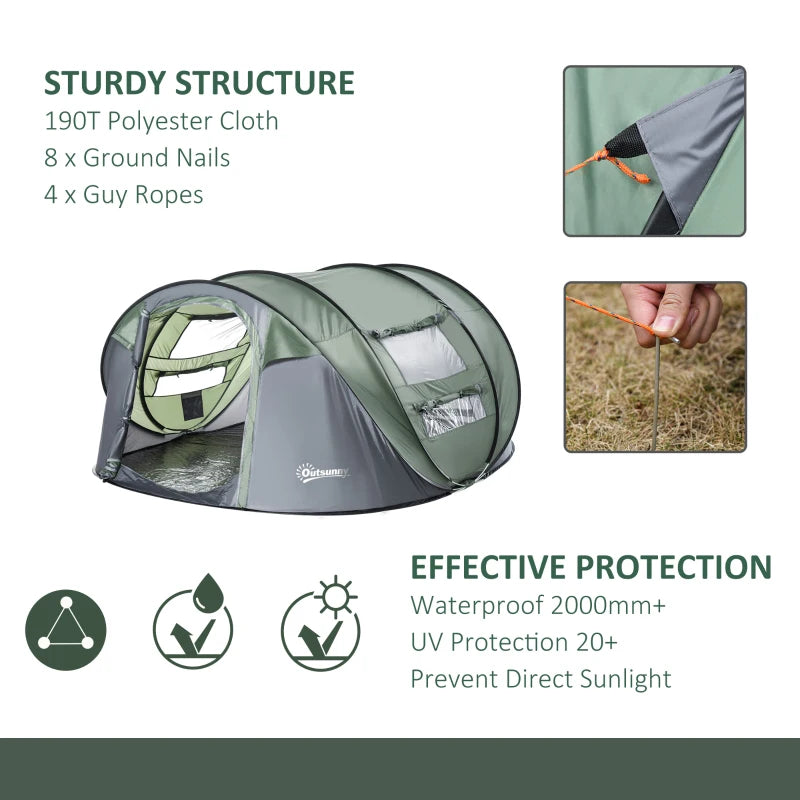 Dark Green 4-5 Person Pop-up Waterproof Camping Tent with Windows