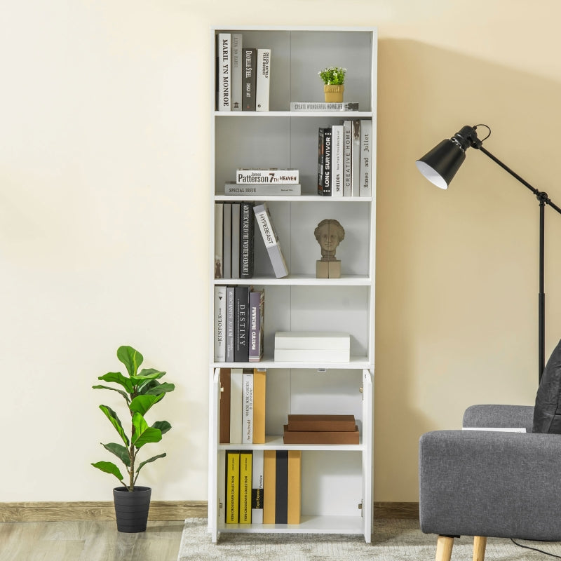 White 6-Tier Tall Bookcase with Double Door Storage Cabinet, 59 x 29 x 180cm