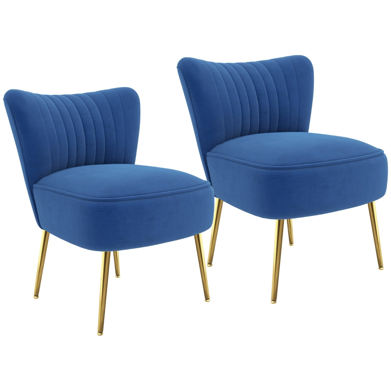 Dark Blue Upholstered Wingback Chairs with Gold Tone Steel Legs, Set of 2