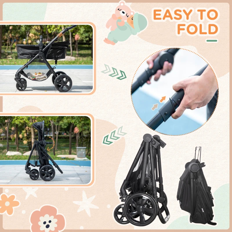 Black Foldable Baby Stroller with Reclining Backrest and Adjustable Canopy