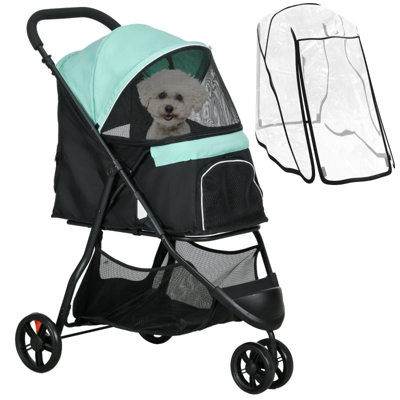 Green Foldable Pet Stroller with Rain Cover for XS and S Dogs