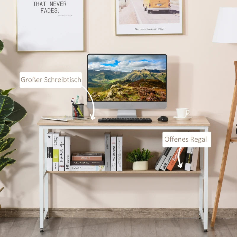 Oak Computer Desk with Storage Shelf, 120 x 60cm, Metal Frame