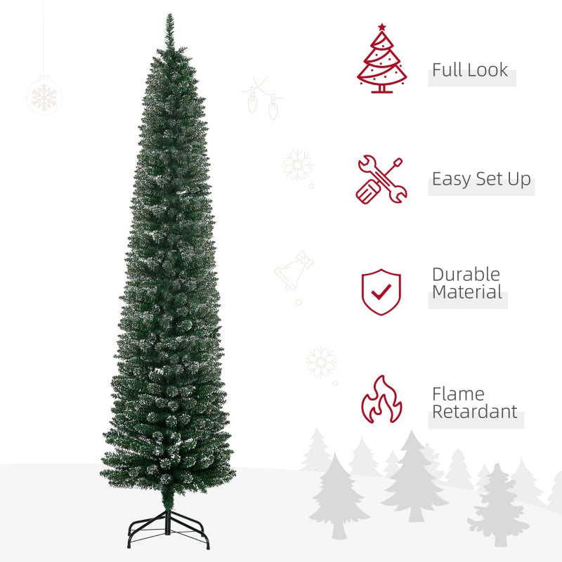 7.5FT Snow-Dipped Green Christmas Pencil Tree with Foldable Stand