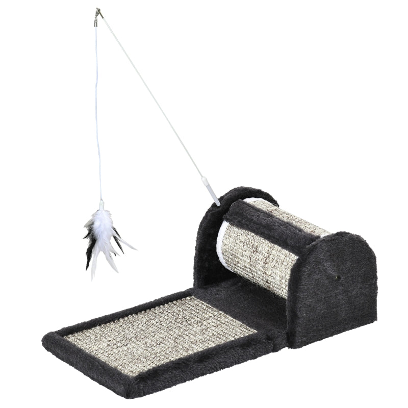 Grey Cat Scratcher Board with Roller and Feather Toy, 44 x 24 x 16 cm