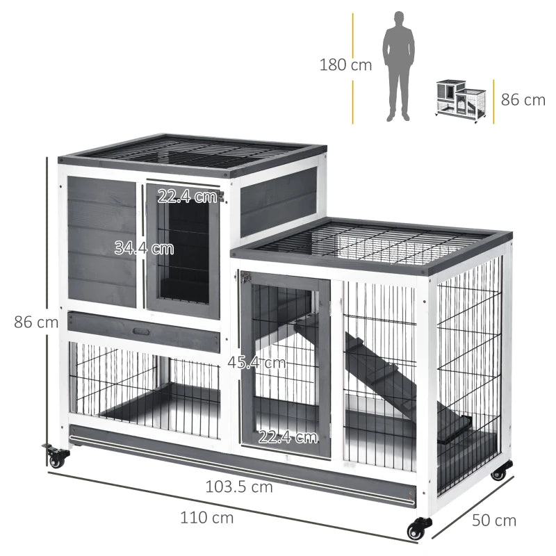 Grey Wooden Indoor Small Animal Hutch with Wheels and Enclosed Run