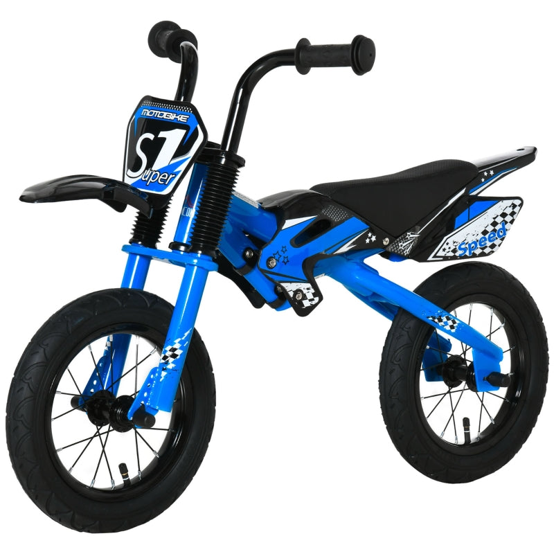 Blue 12" Kids Balance Bike, No Pedal Training Bicycle, Motorbike Style