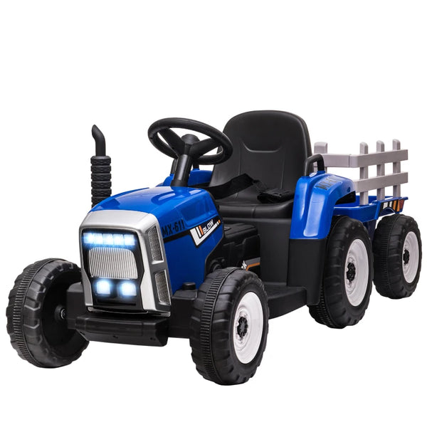 Blue Ride-On Tractor with Detachable Trailer, Remote Control & Music
