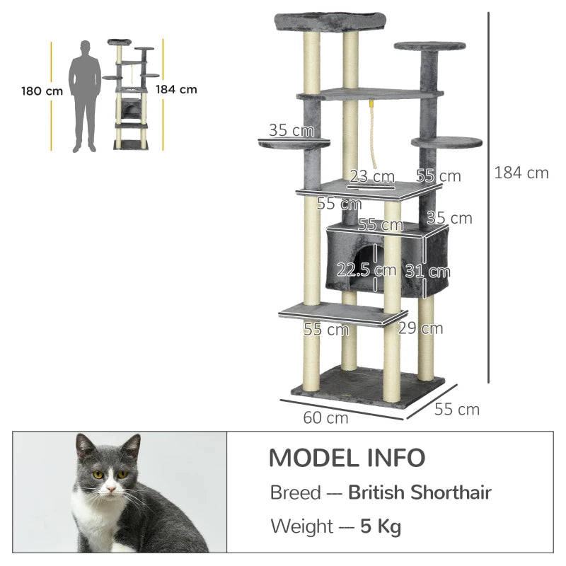 Modern Grey Cat Tree with Bed, Perches, Scratching Posts - 184cm