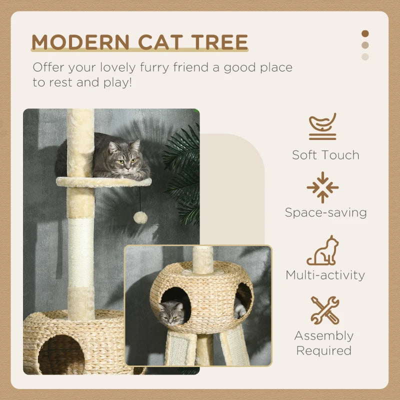 Beige Cat Tree Tower with Scratching Post and House - 255cm