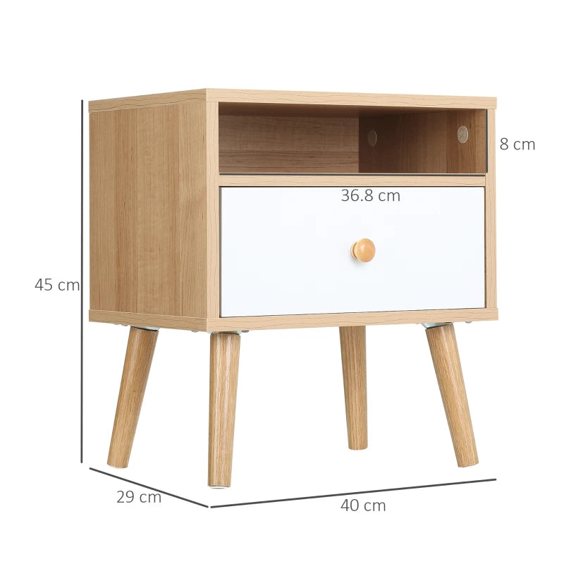 Natural Wood Bedside Table with Drawer and Shelf