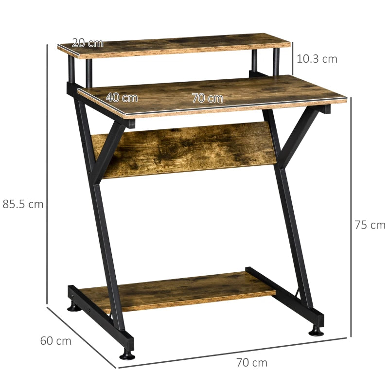 Rustic Brown Compact Computer Desk with Storage, 70 x 60cm - Small Space Home Office Desk