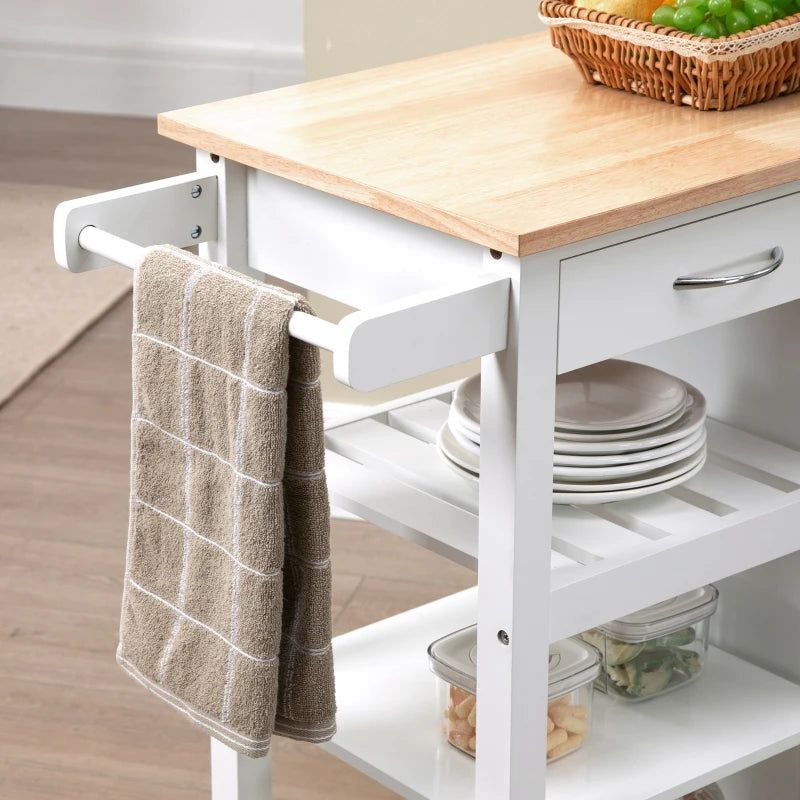 White Kitchen Trolley with Embossed Door Panel and 3 Shelves