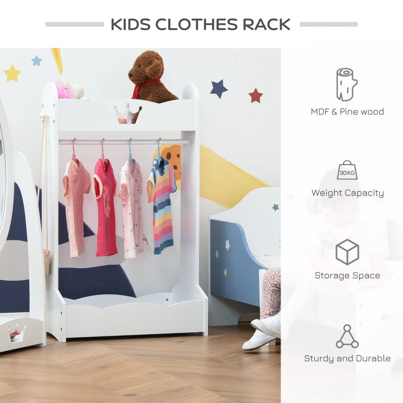 White Kids Wooden Clothes Rack with Storage Shelves