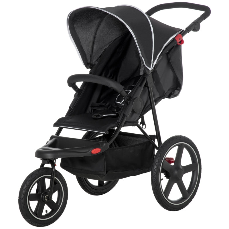 Black Foldable 3-Wheel Baby Stroller with Canopy & Storage Basket