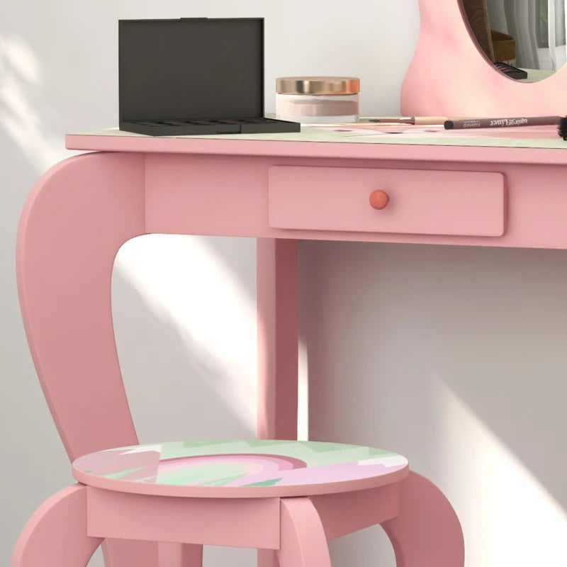 Kids Pink Dressing Table Set with Mirror, Stool, Drawer - Cute Animal Design